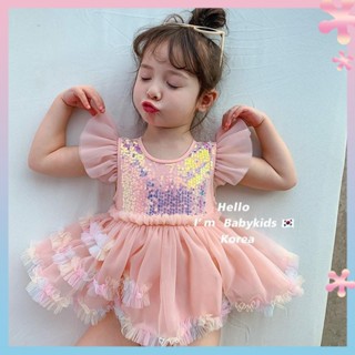 (Spot) 2023 new summer girls baby swimsuit sequined gauze skirt flying sleeve swimsuit with swimming cap childrens swimsuit