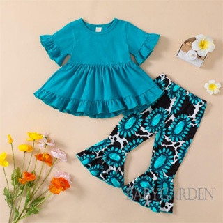 Babygarden-9m-5y ชุดเสื้อผ้าเด็กผู้หญิง, เสื้อยืดคอกลม แขนสั้น สีพื้น + กางเกงขาบาน พิมพ์ลายอัญมณี