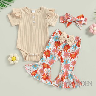 Babygarden-0-18m ชุดรอมเปอร์ ผ้าถัก สีพื้น + กางเกงขาบาน พิมพ์ลายดอกเดซี่ / ที่คาดผม สําหรับเด็กผู้หญิง