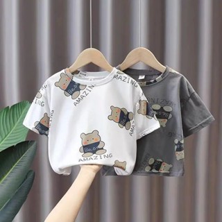 พร้อมส่ง เสื้อยืดแขนสั้นลําลอง คอกลม ผ้าฝ้ายแท้ ดูดซับเหงื่อ ระบายอากาศได้ดี พิมพ์ลายการ์ตูน สไตล์เกาหลี สําหรับเด็กผู้ชาย และเด็กผู้หญิง