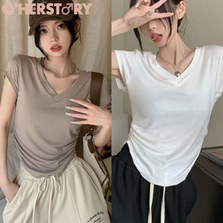 เสื้อยืดงานเรียบๆใส่สบาย แฟชั่นฤดูร้อน เสื้อยืดแขนสั้น  เสื้อรัดรูปคอวี ป้ายนมโต ผ้าหนา