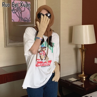 RUO BEI XUAN เสื้อยืดแขนสั้นผู้หญิงเกาหลีใหม่น่ารักผ้าฝ้ายคอกลมพิมพ์ตัวอักษรการ์ตูนหลวมด้านบน