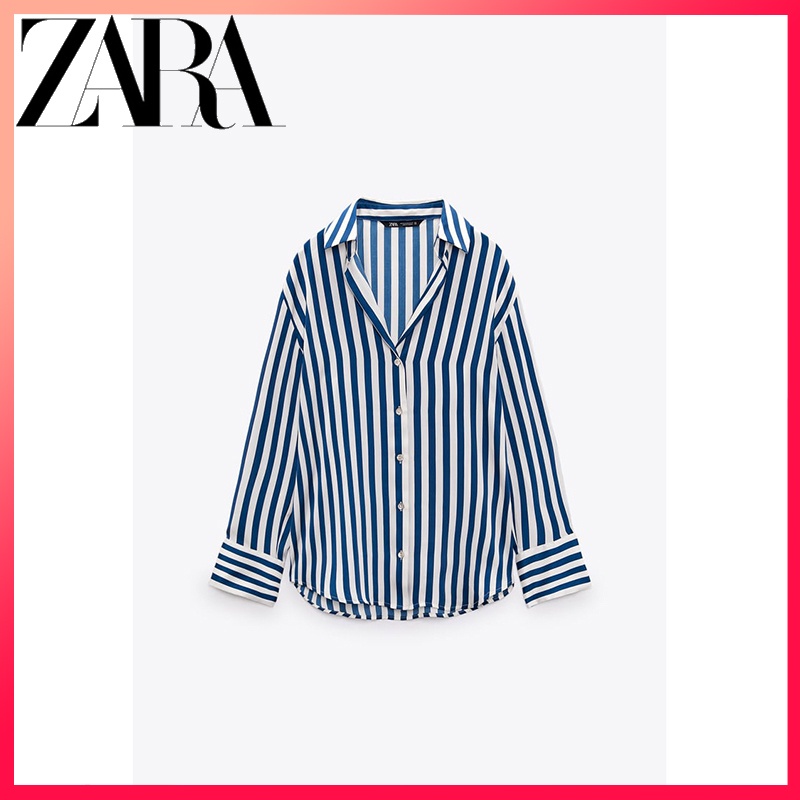 Zara เสื้อเชิ้ต ผ้าซาติน ผ้าไหม ลายทาง แฟชั่นฤดูใบไม้ผลิ สําหรับผู้หญิง