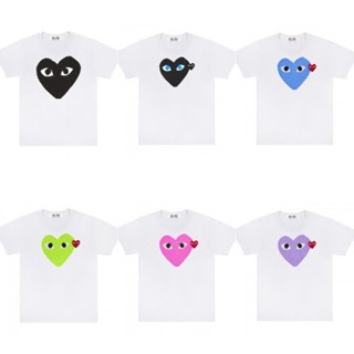 เสื้อยืดผ้าฝ้าย 100%เสื้อยืดแขนสั้นสีขาวหัวใจสี Play COMME des GARCONSS-3XL ขนาด: S-4XL