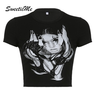 Sweeticme ใหม่ เสื้อยืดลําลอง แขนสั้น คอกลม ทรงสลิม พิมพ์ลาย แฟชั่นสําหรับสตรี 2023