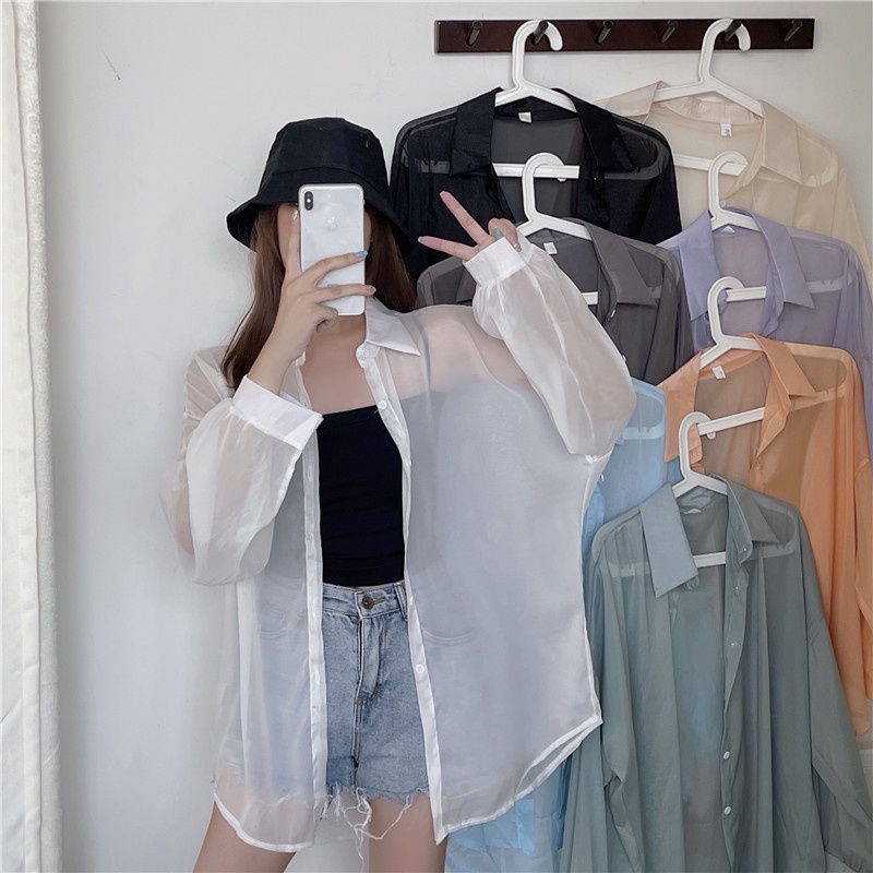 Cuties❤️ W214 เสื้อเชิ้ตแขนยาว ผ้าชีฟองหนา ผ้ามีแวววาว ระยิบระยับด้วย ผ้าซีทรู สไตล์แฟชั่น 8 สี ใส่สบาย