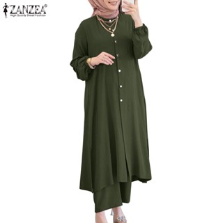 ZANZEA Women Muslim Abaya Kaftan Casual Loose Solid O-Neck Tops  + Elastic Waist Pants Sets