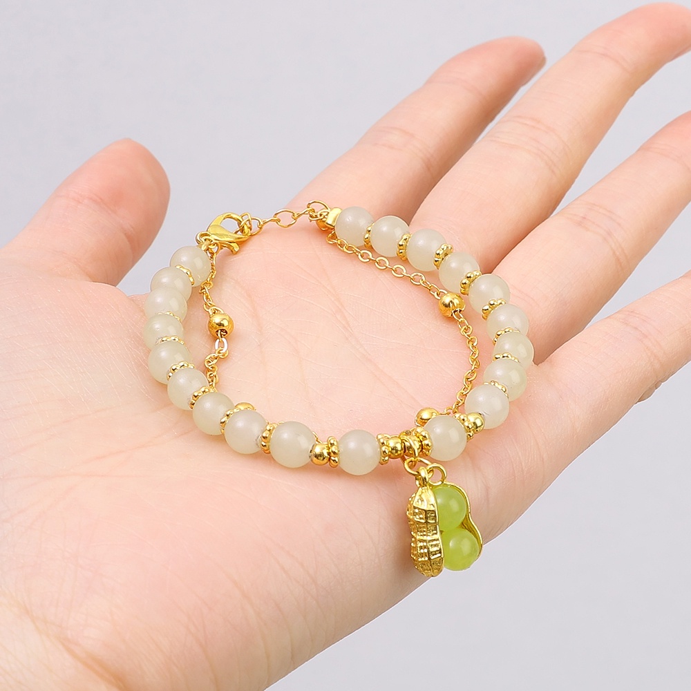 Goodwill สร้อยข้อมือ จี้ถั่วลิสง ประดับลูกปัดหยกเทียม สไตล์จีนย้อนยุค หรูหรา สีทอง สําหรับผู้หญิง