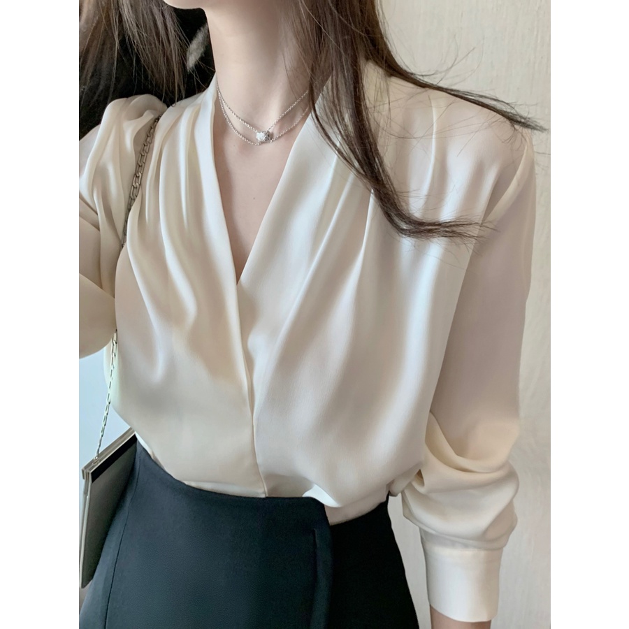 คอวีที่เรียบง่ายพร็อพเสื้อหลวมผู้หญิงฤดูใบไม้ผลิแขนยาววินเทจผ้าไหมเสื้อท็อปส์