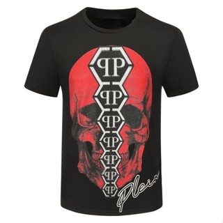 New Philipp Plein T-shirt Mens Short-sleeved Rhinestone Red Skull Pattern T-shirt Casual Shirt XHGG Funny_01