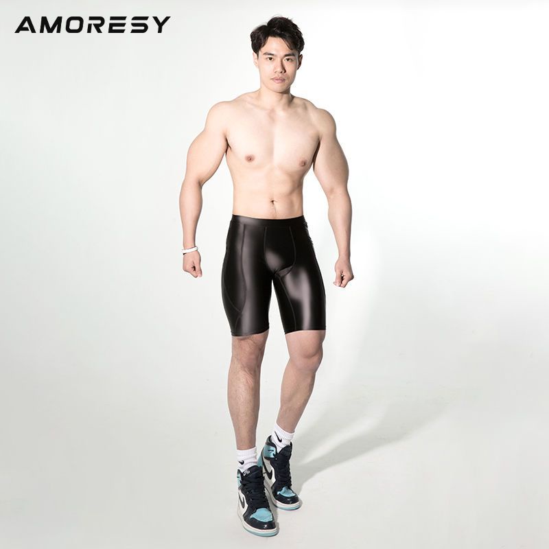 AMORESY Poseidon Series กลางเอวยืด Skinny Shaping Breathable กางเกงขาสั้นฟิตเนสกีฬาผู้ชาย