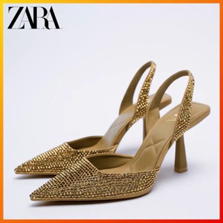 Zara รองเท้าส้นสูง ประดับกลิตเตอร์ สีทอง