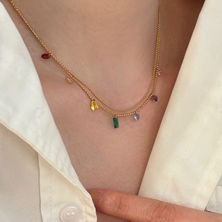 สร้อยคอ สร้อยข้อมือ ไทเทเนียม ชุบทอง 14K ประดับเพทาย ขนาดเล็ก สีรุ้ง หรูหรา เข้ากับทุกชุด