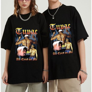 No6u【พร้อมส่ง】เสื้อยืดแขนสั้นลําลอง ผ้าฝ้าย ทรงหลวม ลาย Tupac 2pac สไตล์ฮิปฮอป สตรีท โอเวอร์ไซซ์ สีดํา สําหรับผู้ชาย ผู้