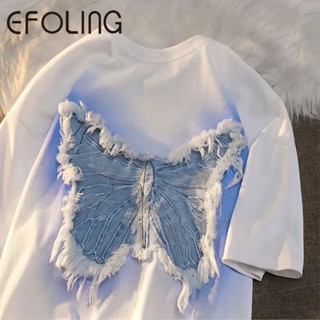 Efoling เสื้อยืดแขนสั้น ผ้าฝ้าย 100% พิมพ์ลายผีเสื้อ สไตล์อเมริกัน เรโทร แฟชั่นฤดูร้อน สําหรับผู้หญิง