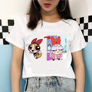 เสื้อยืดแขนสั้น❏♝☫Powerpuff Girls Woman T-Shirt Cartoon Anime Powerpuff Girls Woman White T-Shirtเสื้อยืด S-5XL