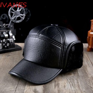 IVANES Men Bomber Hats Russian For Old Men Winter Pilot Caps Driving Warm PU Leather Ear Muff Hats