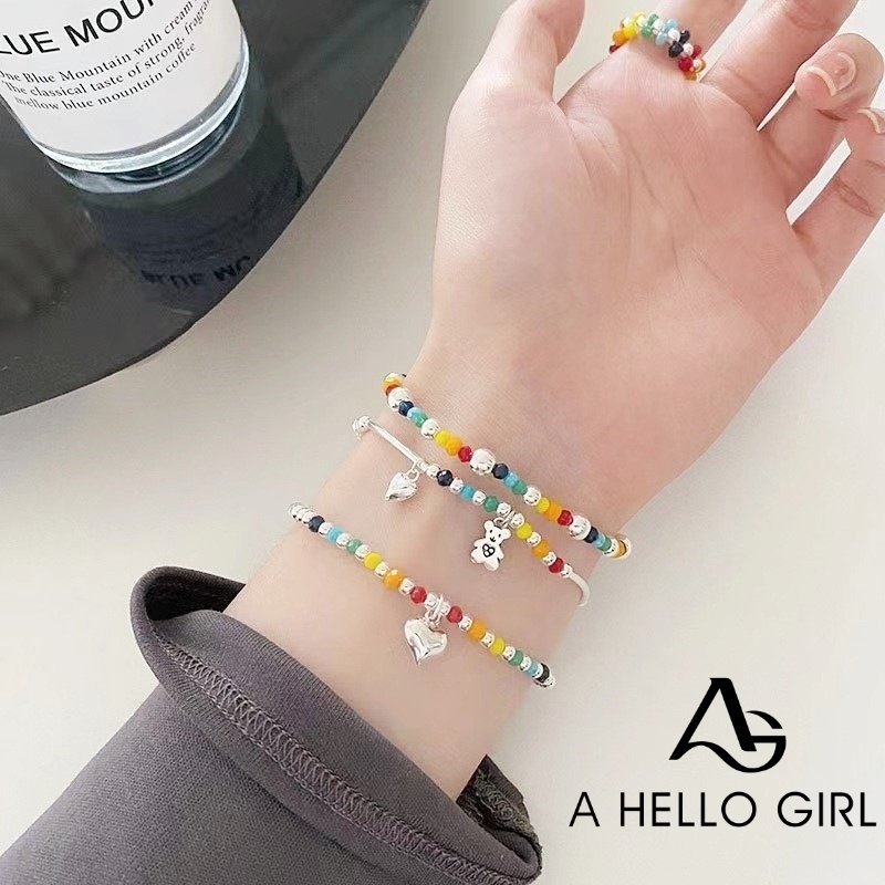 A HELLO GIRL เครื่องประดับ สร้อยข้อมือ ประดับลูกปัด ลายหมีหน้ายิ้ม สีรุ้ง สไตล์เกาหลีใต้ สําหรับผู้หญิง