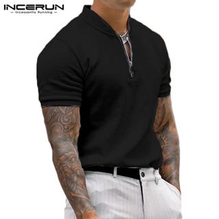 INCERUN Zip design texture knitted short sleeve top T-shirts