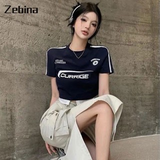 Zebian ใหม่ของผู้หญิงอเมริกันวินเทจเสื้อยืดแขนสั้นลำลองแฟชั่นพิมพ์แขนสั้นด้านบน