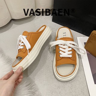 VASIBAEN ฤดูร้อนใหม่ของผู้หญิงผ้าใบสไตล์เกาหลีหัวกลมเปิดนิ้วเท้าทุกวันผูกเชือกนักเรียนรองเท้าแตะลำลองพื้นหนา