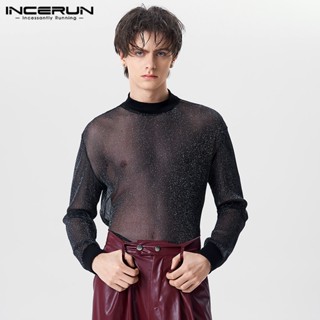 INCERUN Shiny semi-high collar with slight penetration underlay and long-sleeved top T-shirts