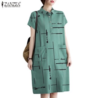 ZANZEA Women Korean Baggy Polo Collar Daily Casual Dotted Line Print Shirtdresses