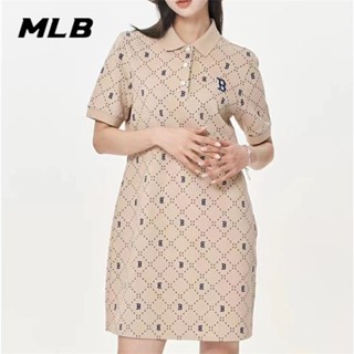 ชุดเดรสกระโปรง แขนสั้น คอปกโปโล ปักลายโลโก้ MLB NY สําหรับสตรี