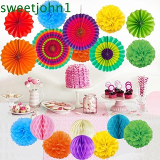 SWEETJOHN 19Pcs/set Pom Balls Beautiful Paper Fan Flowers Honeycomb Decoration 3D Paper Lanterns Wedding Decor Multi-color Hanging Balls For Christmas, Birthday Party Decor/Multicolor