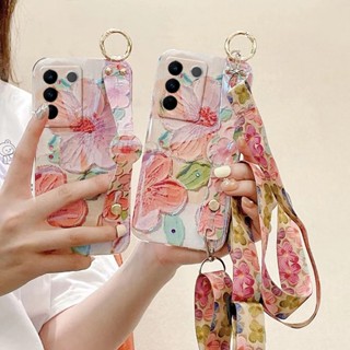 เคสโทรศัพท์มือถือ Tpu กันหล่น ลายภาพวาดสีน้ํามัน รูปดอกพีช พร้อมสายคล้อง สําหรับ Vivo V27 V27 Pro V27E