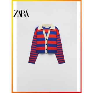 Zara ฤดูใบไม้ผลิ ใหม่ เสื้อโปโล แขนยาว ผ้าถัก ลายทาง สําหรับผู้หญิง 8689006 104