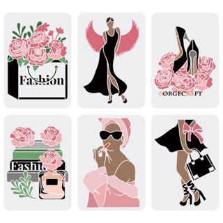 1Set 6PCS Women Theme Stencils Floral Female Face Stencil 29.7x21cm Plastic High Heel Stencil Reusable Angel Wings Paint Stencil Rose Lady Templates for Modern Room Wall Decoration