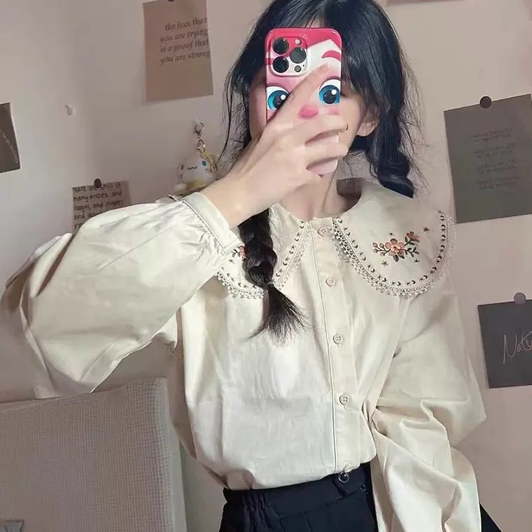 Shine เสื้อเชิ้ตแขนยาว คอตุ๊กตา ทรงหลวม แฟชั่นฤดูใบไม้ร่วง สําหรับผู้หญิง และนักเรียน 2023