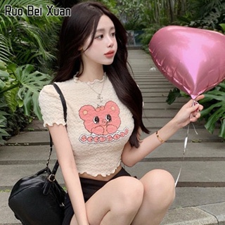 RUO BEI XUAN เสื้อยืดสตรีฤดูร้อนใหม่เกาหลีเชื้อราหมีพิมพ์เสื้อยืดสั้นด้านบน