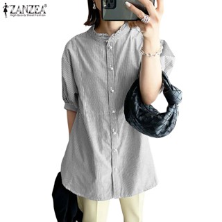 ZANZEA Women Korean Casual Loose Half Sleeve Stripe Printed Long Blouse