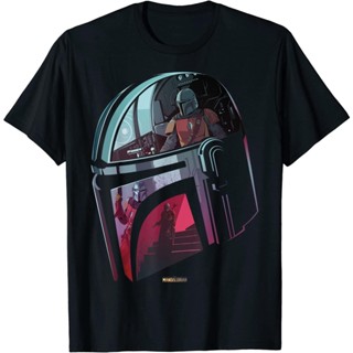 เสื้อยืดแขนสั้นStar Wars The Mandalorian Helmet Scene Fill เสื้อยืดผู้ชายพิมพ์ลายกราฟิก, เสื้อแฟชั่นผู้ใหญ่เสื้อยืดลำลอง