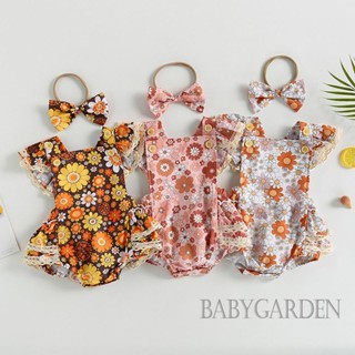 Babygarden-0-24m ชุดรอมเปอร์ แขนระบาย ลายดอกไม้ เปิดหลัง และที่คาดผม ยืดหยุ่น สําหรับเด็กผู้หญิง