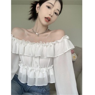 🌼（Lucky-yj）🌼เสื้อชีฟองแขนยาวเกาะอกหนึ่งคำฤดูร้อนการออกแบบฝรั่งเศสความรู้สึกเฉพาะ ruffles แขนสั้นพัฟด้านบน#8901#