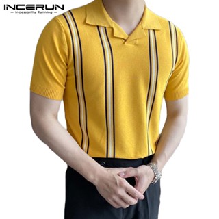 INCERUN Striped casual knit lapel top POLO Shirts