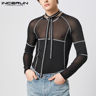 Incerun เสื้อยืด แขนยาว ผ้าตาข่าย ยืดหยุ่น