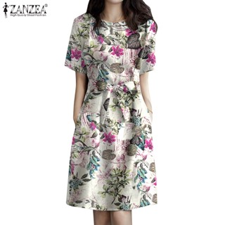 ZANZEA Women Vintage Short Sleeved Casual Print Non-removable Belt Round Neck Dress