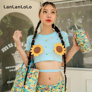 Lanlanlolo เสื้อยืดลําลอง แขนสั้น คอกลม พิมพ์ลาย สําหรับสตรี 2023