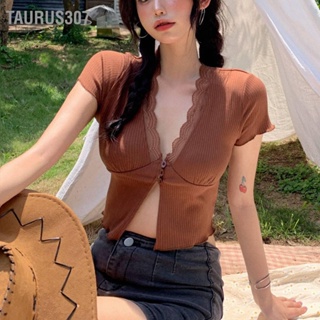 Taurus307 เสื้อเบลาส์แขนสั้น คอวีลึก แต่งลูกไม้ แต่งกระดุม เข้ารูป สําหรับผู้หญิง