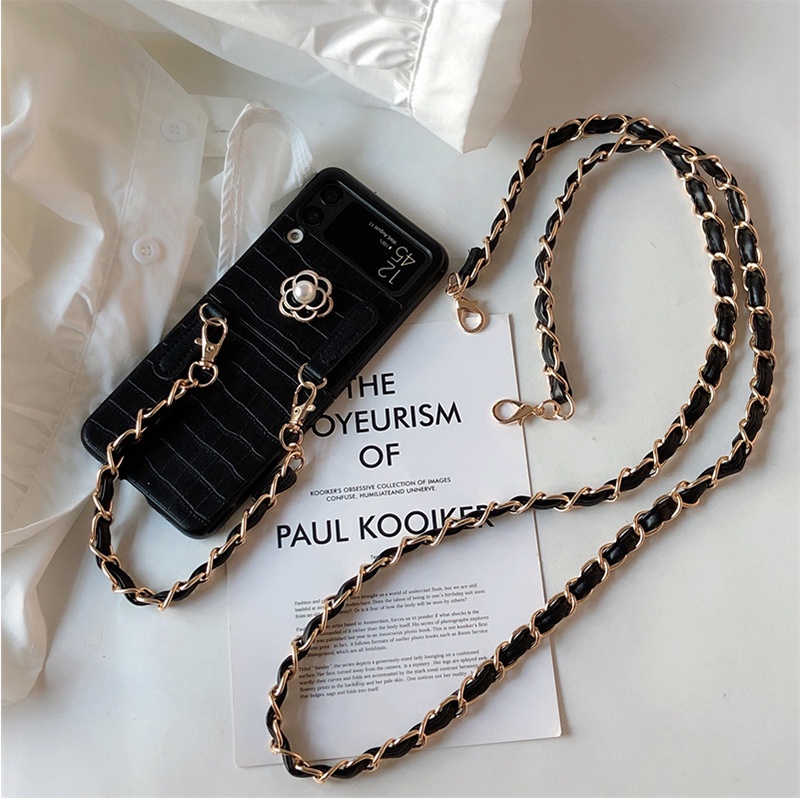 Samsung Galaxy Z Flip 7 6 5 4 3 Flip7 Flip6 zflip5 5G แฟชั่นหรูหรา Camellia ดอกไม้หนัง PU รูปแบบจระเข้เคสโทรศัพท์โซ่Crossbodyพร้อมสายรัดข้อมือ