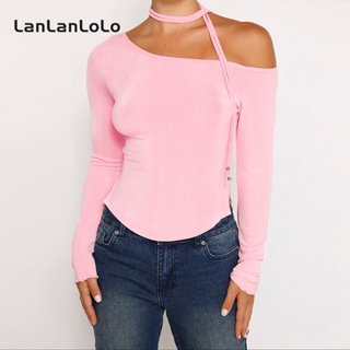 Lanlanlolo เสื้อแขนยาว เปิดไหล่ สีพื้น สําหรับผู้หญิง 2023