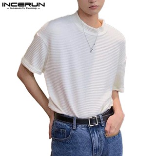 Incerun เสื้อยืด คอกลม แขนสั้น ผ้าถัก