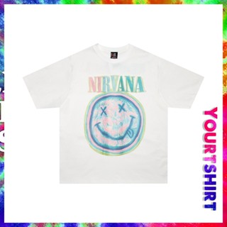 เสื้อยืดคอกลม แขนสั้น พิมพ์ลายกราฟฟิค Nirvana Band Smiley Face สไตล์เกาหลี วินเทจ พลัสไซซ์ โอเวอร์ไซซ์ สําหรับผู้ชาย และผู้หญิง