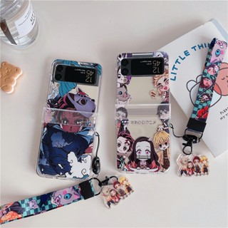 เคสโทรศัพท์มือถือ แบบใส ลายดาบพิฆาตอสูร พร้อมสายคล้อง สําหรับ Samsung Galaxy Z Flip 4 Galaxy Z Flip 3 5G