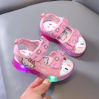 SUGE รองเท้าแตะลําลอง ลายการ์ตูนแมว มีไฟ LED สีชมพู สีม่วง แฟชั่นชายหาด สําหรับเด็ก