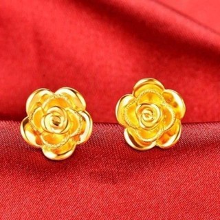 แฟชั่นยอดนิยม Sand Gold Rose Stud ต่างหูแฟชั่นผู้หญิงบุคลิกภาพทองแดงชุบ 24k ทองจริงกุหลาบต่างหู